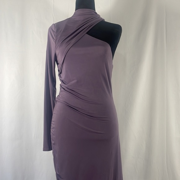 Cutout Detail Ruched Bodycon Dress Mauve Purple,one shoulder,mockneck, Large,NWT - Picture 2 of 11